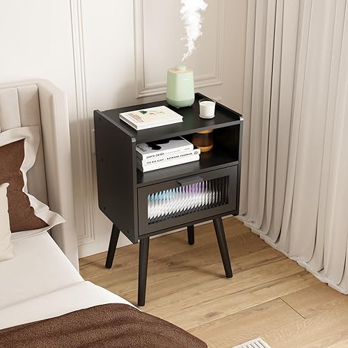 Miniatura 42 de Mesita de noche moderna de mediados de siglo con estación de carga, mesitas de noche con puerta de cristal, mesa auxiliar con espacio de Gris