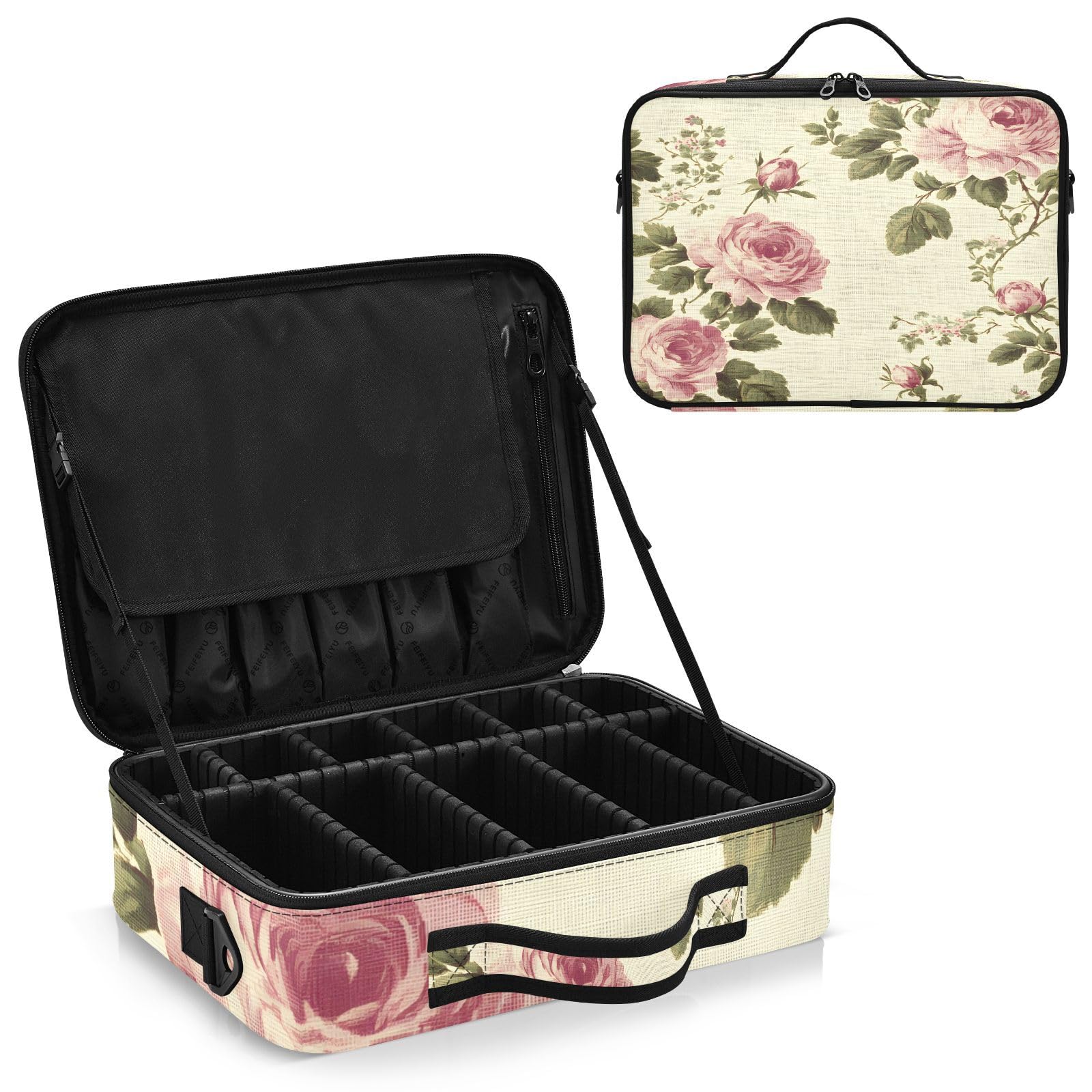 zyrtty Travel Makeup Train Case Retro Flower Pink Green Pattern Cosmetic Organizer Portable Storage Bag with Adjustable Dividers for Cosmetics Brushes Toiletry Jewelry Digital Accessories
