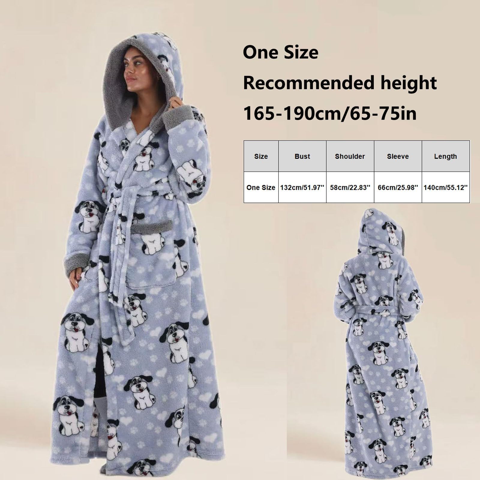 Accappatoio da donna con cappuccio con divertente stampa a cartoni animati per accoglienti serate invernali, con cintura per legare, pratiche tasche, ideale per ore di relax in casa, abbigliamento