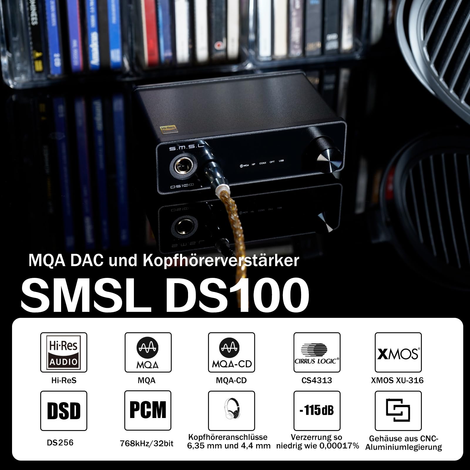 SMSL DS100 USB MQA DAC mit CS43131 Chip 6,35 mm/4,4 mm Kopfhörerverstärker | Unterstützt MQA-CD XMOS XU-316 32 Bit/768 kHz DSD256 USB/optischer/koaxialer Eingang Mini USB DAC Für Heim-Audio/PC/Telefon