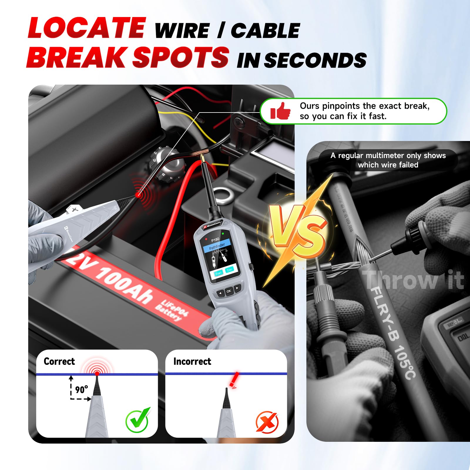 BOSSCOMM P180 - Probador de sonda de circuito de alimentación automotriz, herramienta de búsqueda de interruptores de 12-24 V, trazador de cables, prueba de batería, prueba de inyector de combustible
