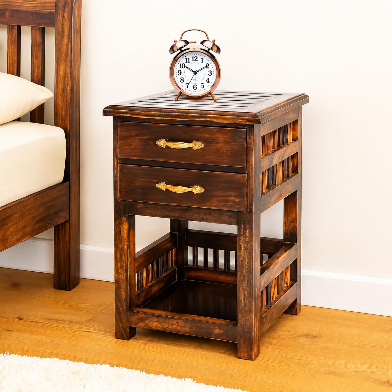 Solid Wood Bedside Table, Wooden Night Stand with 2 Drawers & Open Storage Shelf Side Table for Living Room and Bedroom Fully Assembled, Walnut Finish, 14 x 14 x 21 Inch-image-31