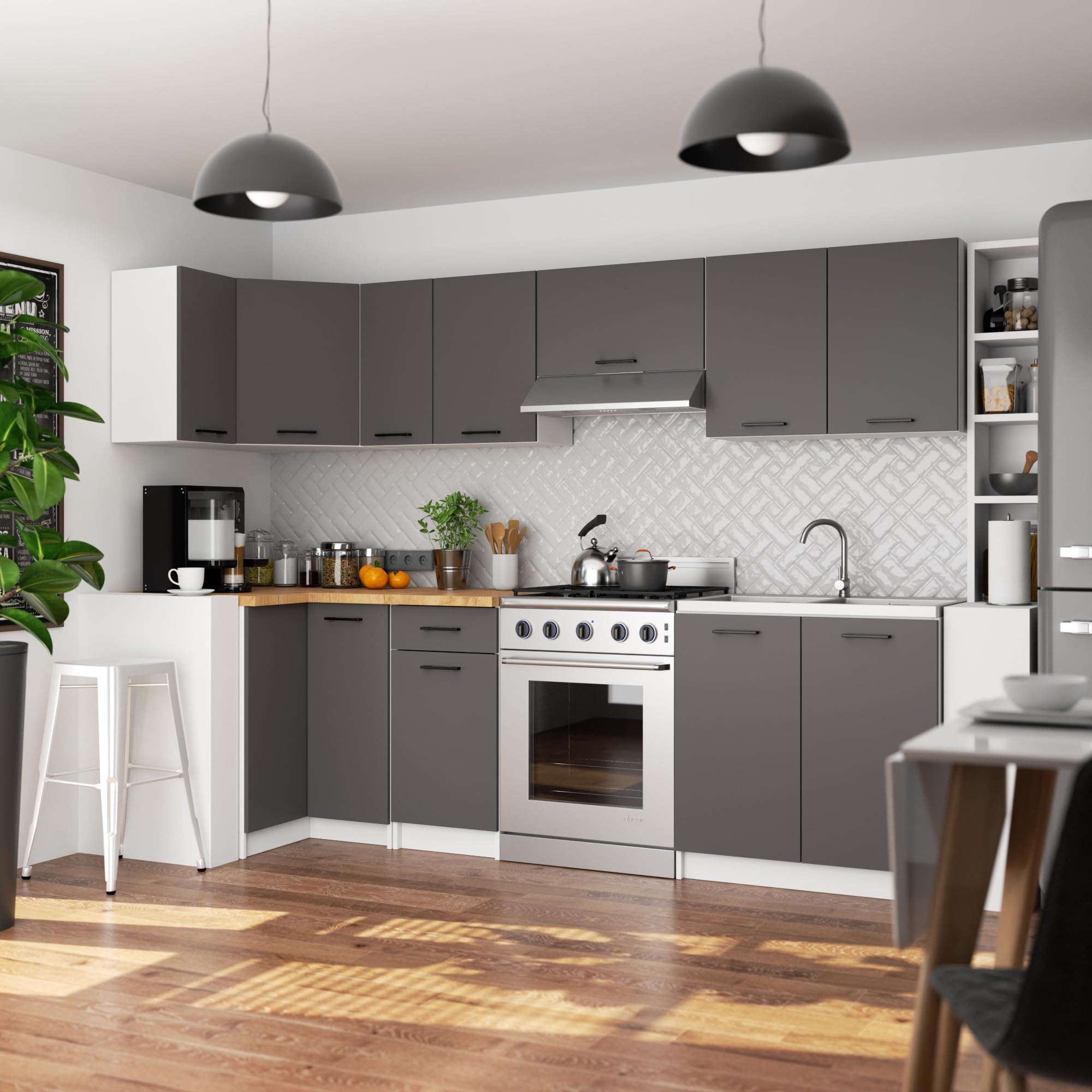 AKORD Cucina componibile con piano di lavoro 82/85x50 cm | Armadio da cucina | Credenze OLIWIA | Spazioso | Robusto | Adatto a ogni design | Per una piccola cucina | Bianco & Grigio Grafite