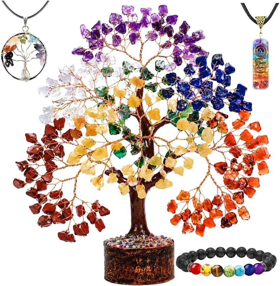 ANAYA AGATE 7 Chakra Crystal Tree of Life with Healing Necklace & Chakra Bracelet, Gemstone Money Bonsai Tree, Healing Crystals for Women, Home Office Living Room Decor, Gifts for Women