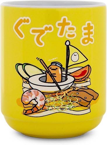 Silver Buffalo Sanrio Gudetama Sailing On Ramen Asian-Style Ceramic Tea Cup | Traditional Japanese-Inspired Mug Without Handle | Holds 9 Ounces