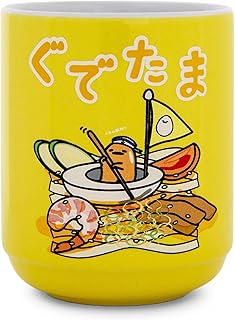 Silver Buffalo Sanrio Gudetama Sailing On Ramen Asian-Style Ceramic Tea Cup | Traditional Japanese-Inspired Mug Without Handle | Holds 9 Ounces