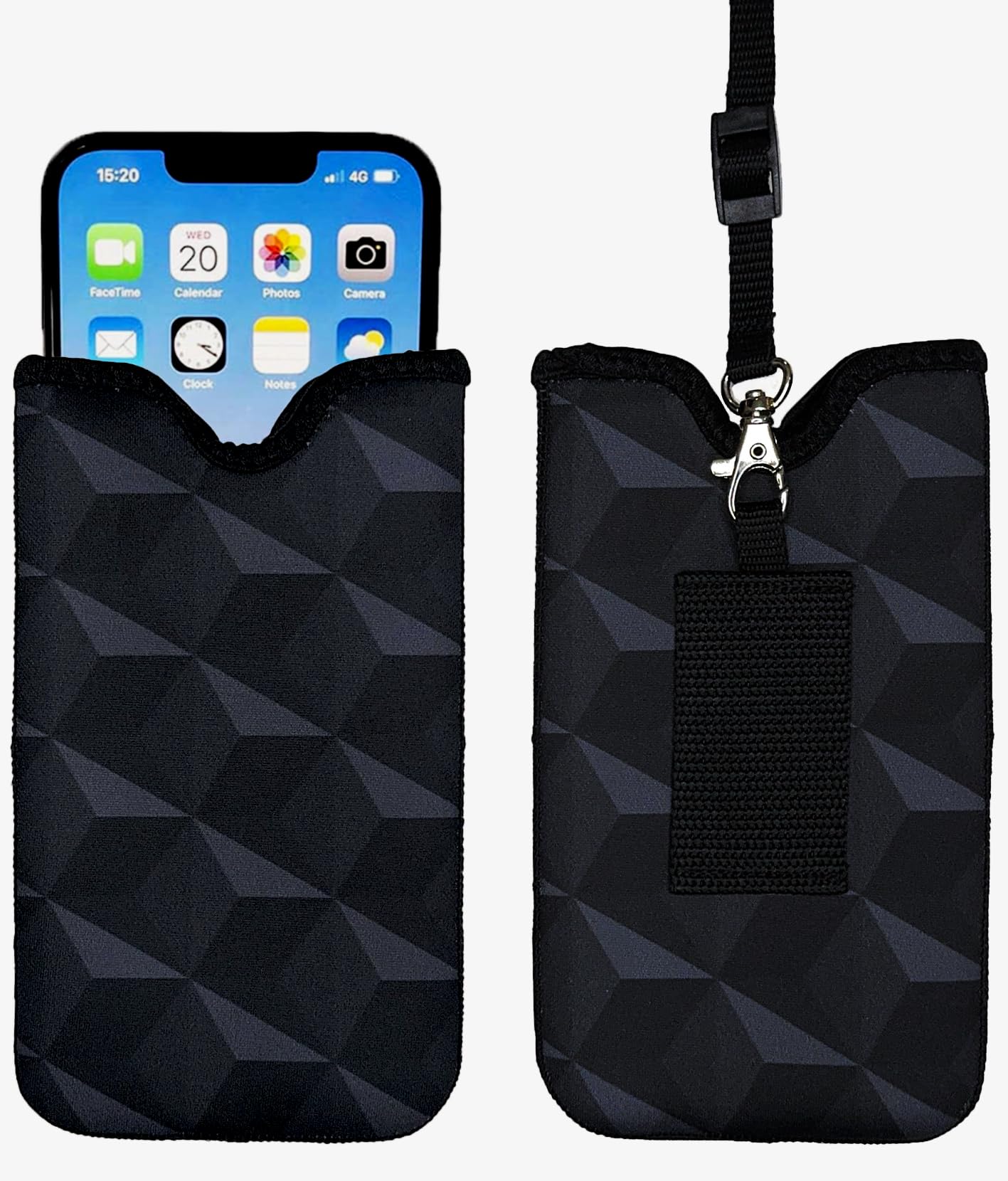 Tainada Neck Phone Holder Pouch w/Belt Loop (Black Geometric Pattern)