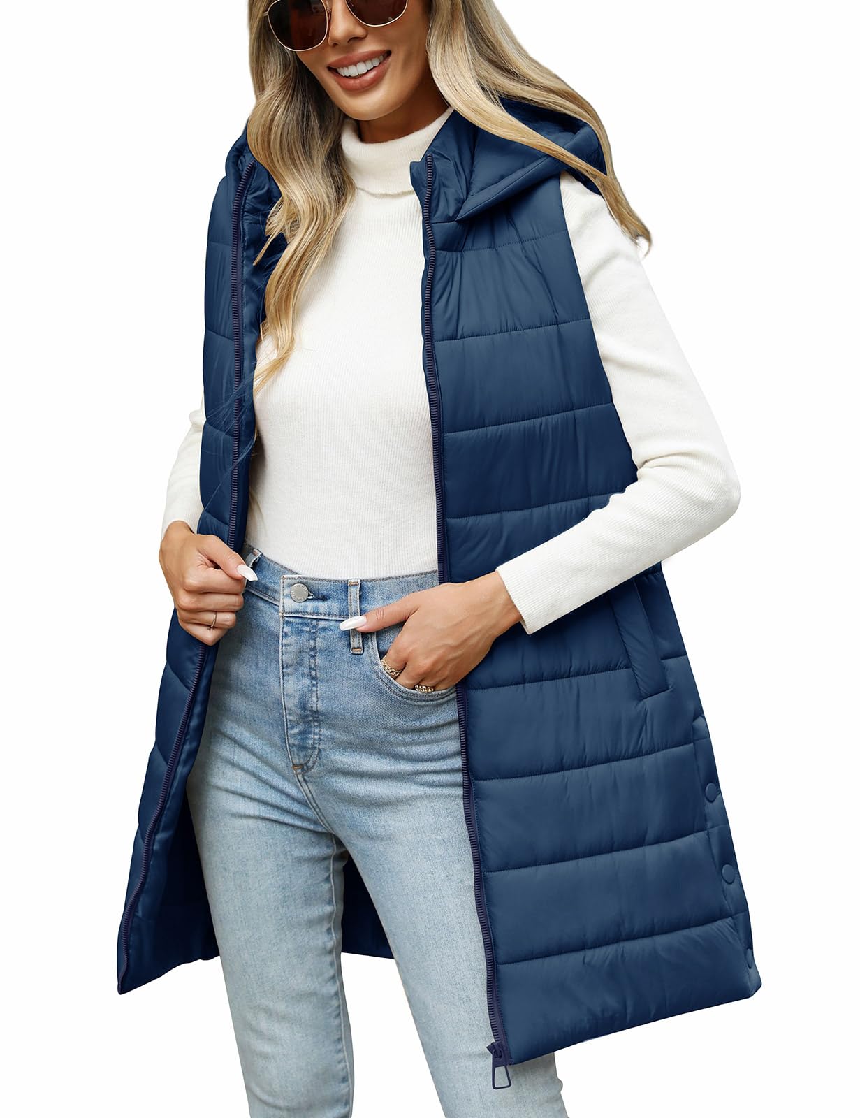 Oleda Puffer Vest Lightweight Quilted Hooded Jackets for Women Warm Puffy Long Vest with Pocket Fall Coats