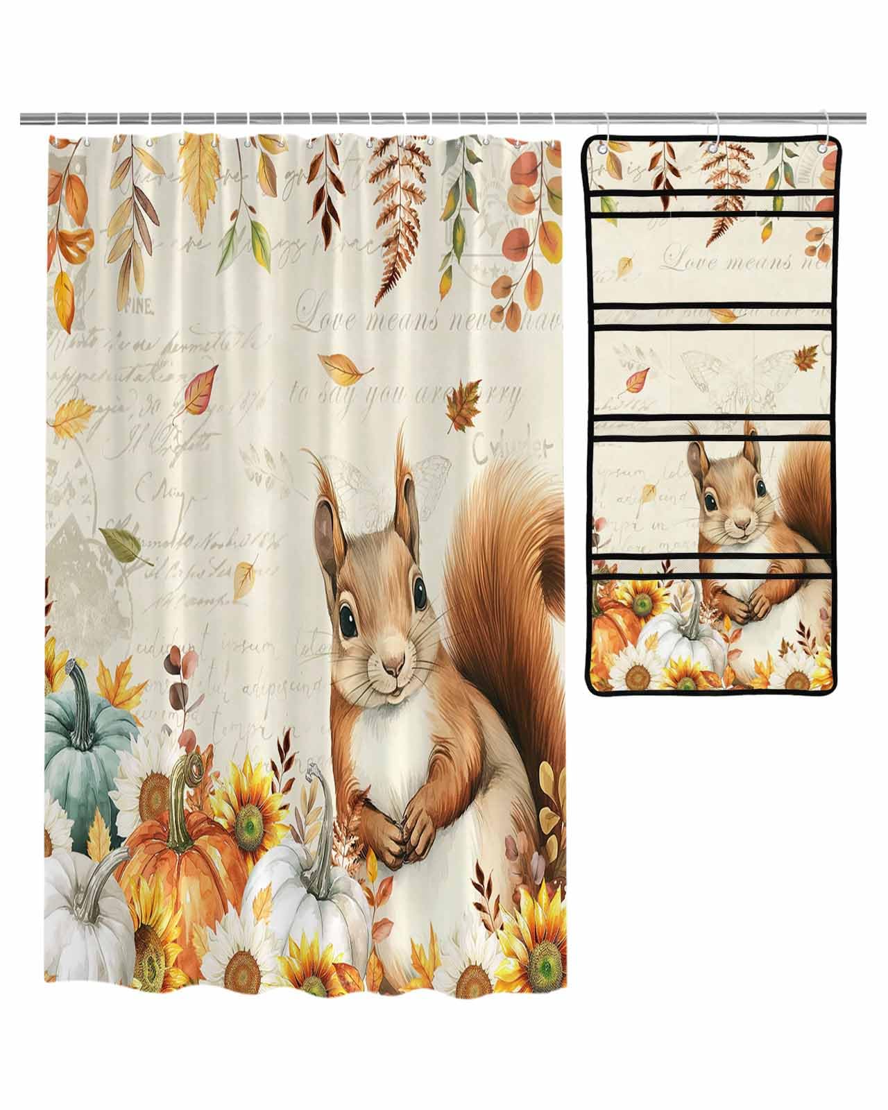 Decorative Shower Curtain Sets Thanksgiving Fabric Waterproof Shower Curtains Vintage Fall Pumpkin Eucalyptus Leaves Beige Mesh Shower Caddy