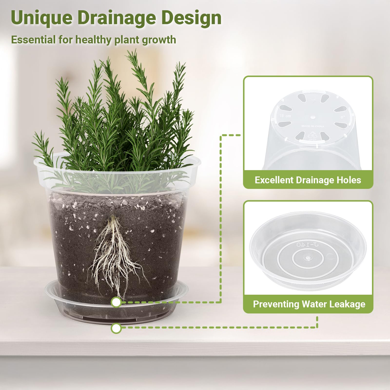GREANER Lot de 24 pots de fleurs transparents de 15,2 / 20,4 / 25,4 cm - En plastique transparent - Avec ventouses pour plantes - Pour intérieur et extérieur