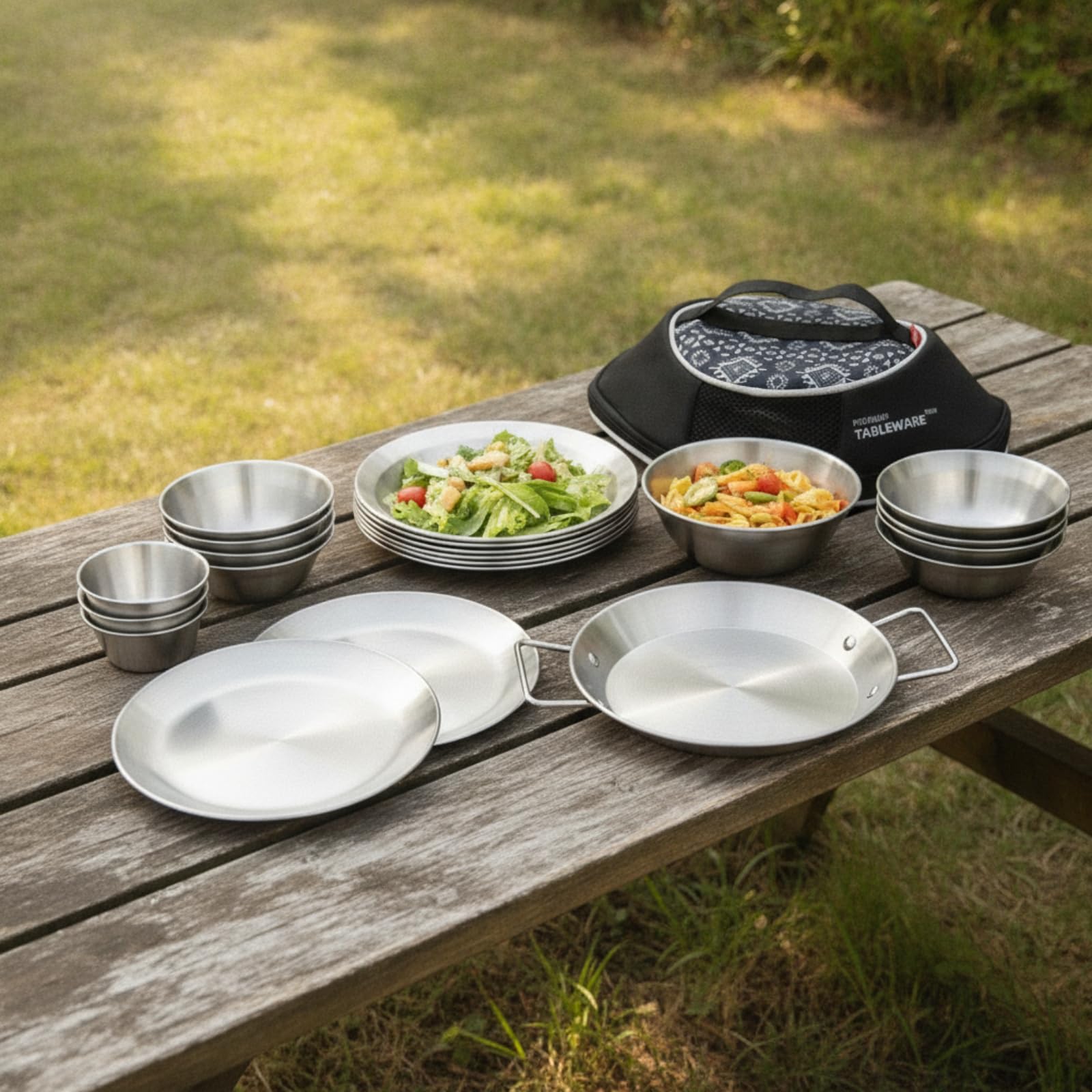 Milageto 18 Pezzi Stoviglie da Campeggio con Borsa Durevole Set da Campeggio in Acciaio Inox Antiruggine per Famiglie, Barbecue