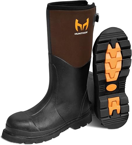 Vista 23 de Botas de trabajo de goma, botas de goma con punta de acero para hombres, botas de caza de goma impermeables de neopreno de 0.236 in para Negro