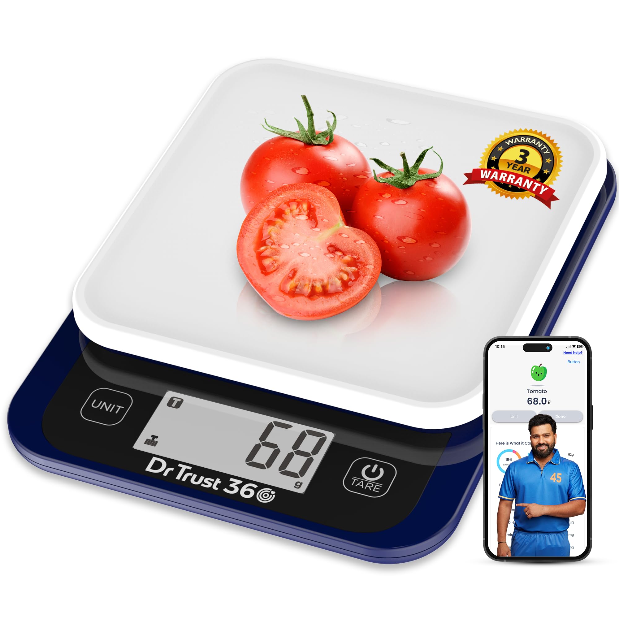 Dr Trust USA Smart Nutrition Electronic Kitchen Digital Scale Weighing Machine For Health, Fitness, Diet, Nutrition, Cooking and Home Baking with Bluetooth, Bright LCD, Touch Button, Tare Function(5 Kg)- 530