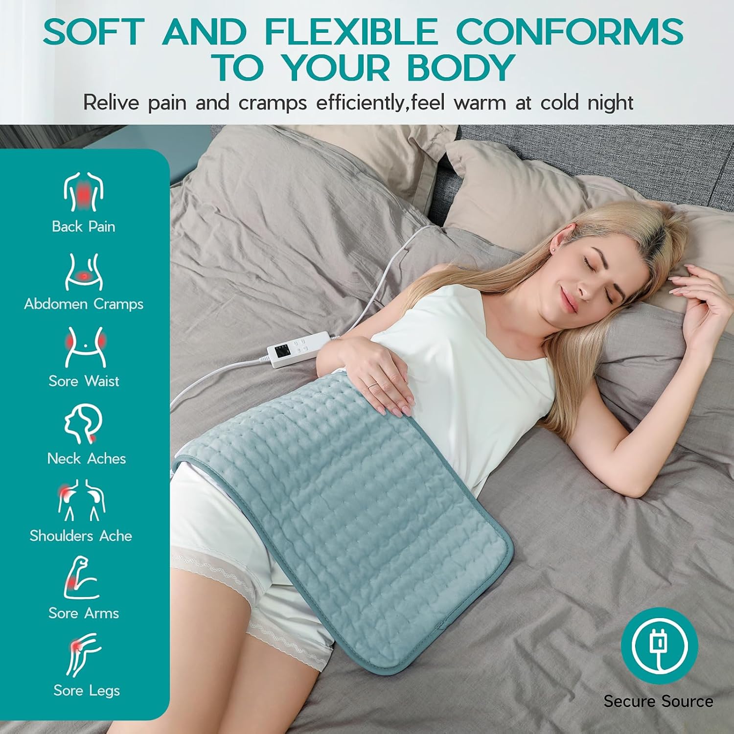 Heating Pad for Period Cramps, Heating Pad for Back/Neck/Shoulder Muscle Pain, 6 Heating&4 Timer Setting, Auto Shut Off, Dry/Moist Heat & Machine Washable, Gray Birthday Christmas Gifts for Women Mom - Image 3