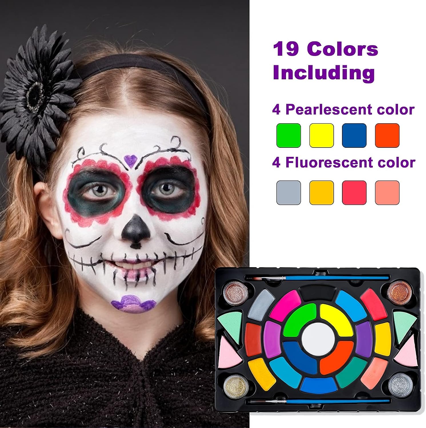MOEMOE BABY Face Painting Kit for Kids 19 Large Water Based Paint Colors, 4 Metallic Paints, 4 Sponges, Halloween Party Makeup Painting Kit Professional Face Paint, Safe Body Paint Set