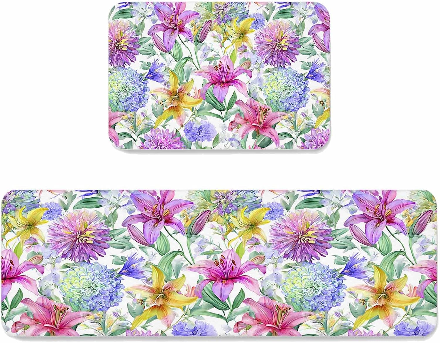 Pink Purple Flower Kitchen Mat Set 2 Pieces Country Pastoral Watercolor Green Yellow Floral Leaf Non Slip Kitchen Rugs Washable Runner Rug Mats for Sink Laundry (19.7" x 31.5"+19.7" x 47.2")