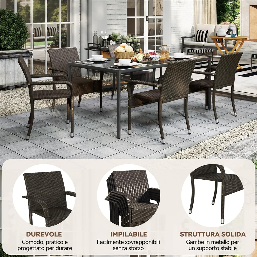 Yaheetech Set di 2 Sedie Impilabili in Rattan Sedia da Giardino con Braccioli Piedini Regolabili e Schienale per Giardino Balcone PatioTerrazza Marrone