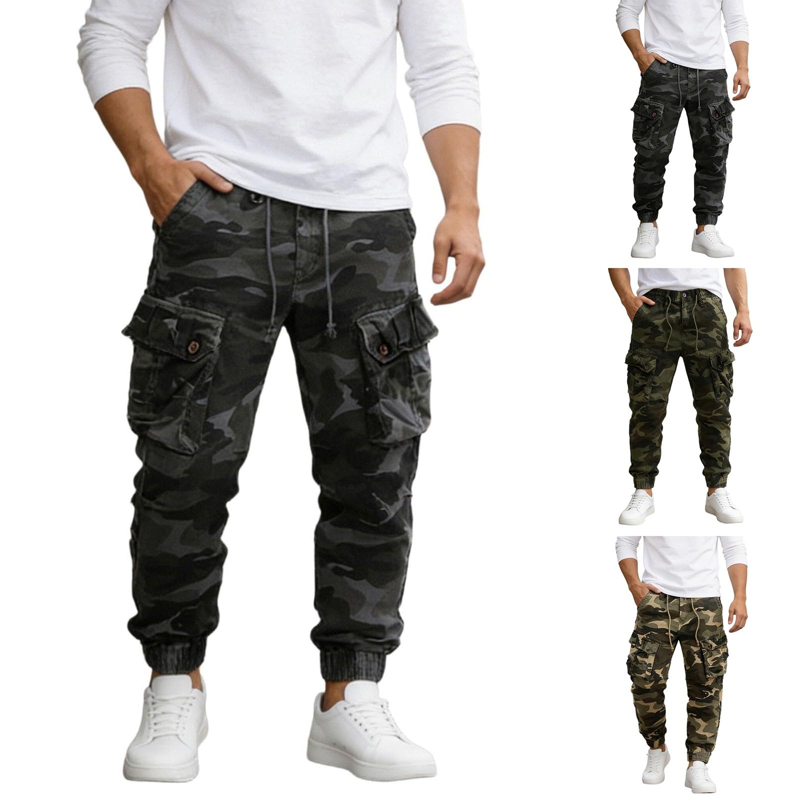 Herren-Cargohose aus Baumwolle, elastische Taille, Arbeitshose mit Bündchen, Camouflage, taktische Hose, Herren, leicht, langlebig, Arbeitshose mit mehreren Taschen, Outdoor-Kletterhose