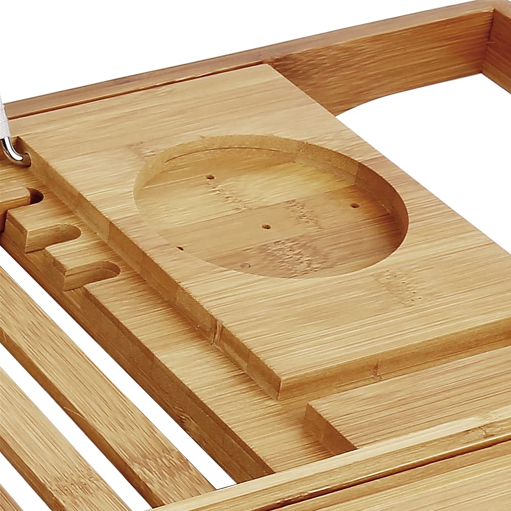OHMG Panier de Bain Extensible,Plateau de Bain Réglable en Bambou Naturel avec Porte-vin Durable+Plateau,Planche de Bain en Bois de Luxe,Pont de Baignoire Extensible (B-70-105cm*22 * 4cm)