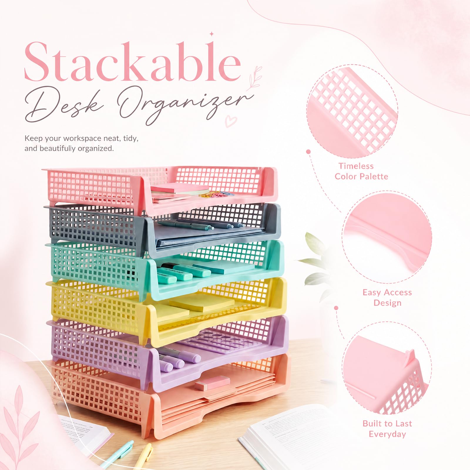 Tenceur 6 vassoi impilabili per aule, cestini di carta impilabili per aule, organizer per insegnanti, cassetti per biblioteca, scrivania, 34 x 24 x 6 cm