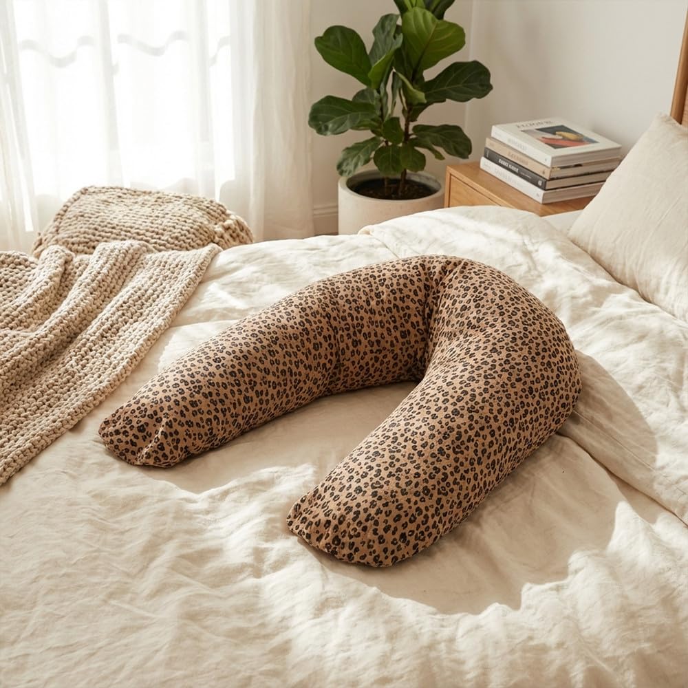 Babysom - Coussin de Maternité 3 en 1 : Grossesse, Allaitement & Repos Bébé - Housse Double Gaze en Coton - Déhoussable et Lavable - Microfibres Silencieuses - Motif Léopard - XXL