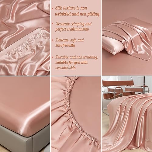 Miniatura 4 de YUEZAISHOU Sábanas de satén verde salvia tamaño matrimonial, 4 piezas de sábanas de seda de lujo para hotel, sábana bajera ajustable de 15 pulgadas,