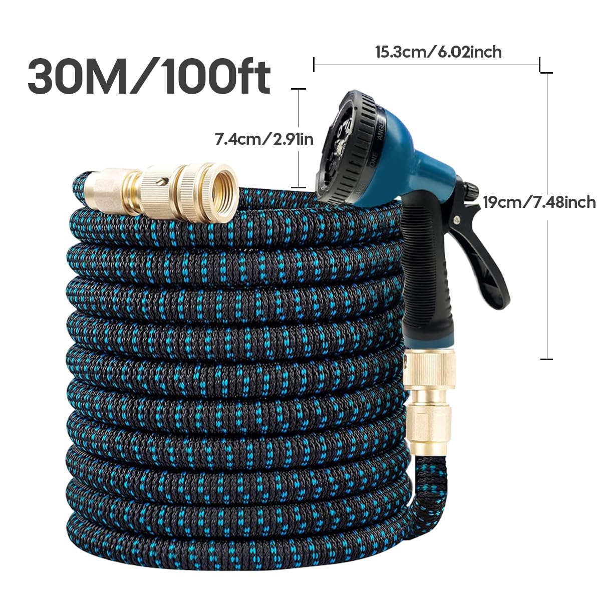 Elastyczny wąż ogrodowy 30 m /100 ft z mosiężnymi przyłączami 3/4" i 1/2" oraz 10-funkcyjną dyszą – idealny do podlewania ogrodu, mycia samochodu i na podwórko