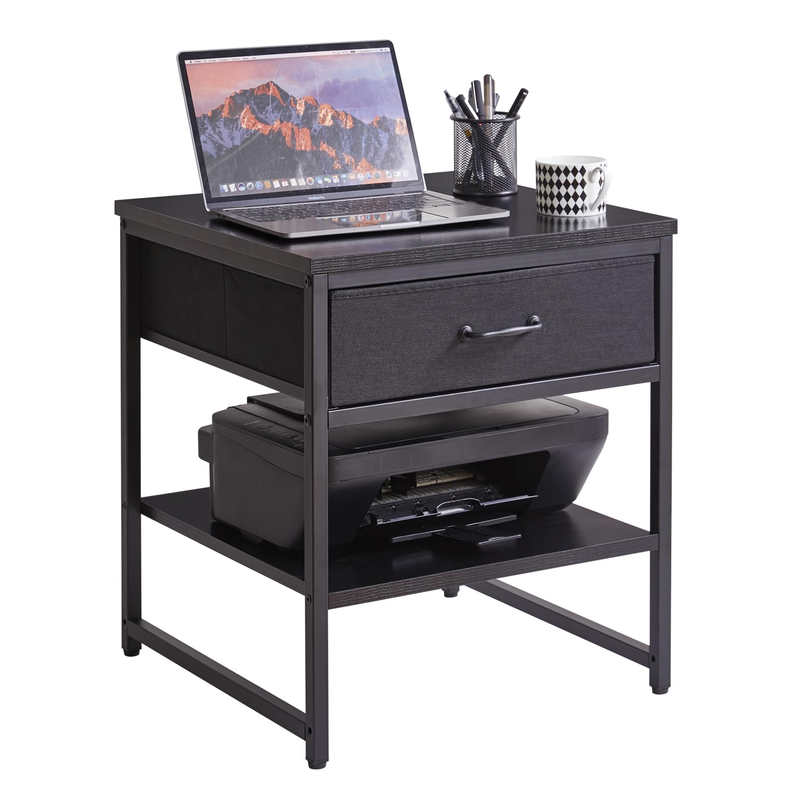 Aibiju Large End Table with Fabric Drawer, Adjustable Storage Shelf 20 inch, Square Tea Table, Dorm Fridge Stand, Large Printer Stand for Office, Black YD-TM156B