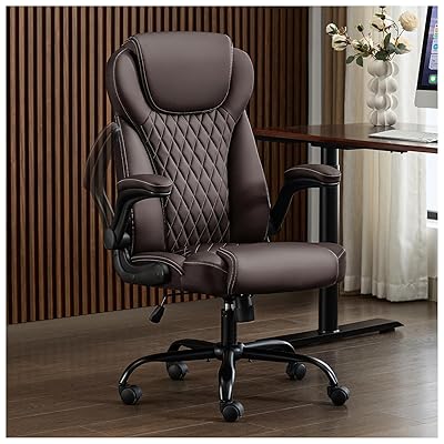 Office Chair, Executive PU Leather Chair, Ergonomic Computer Desk Chair with Lumbar Support and Adjustable Flip-Up Arms, Rocking Task Chair (Brow
