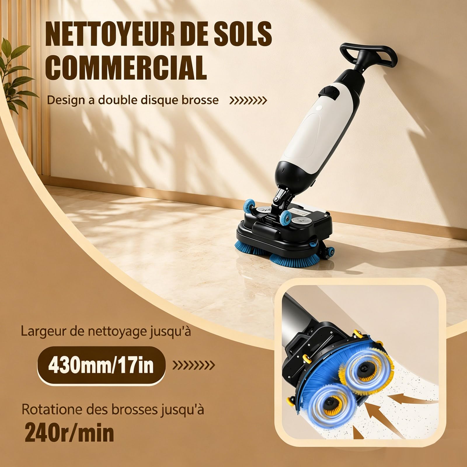 Autolaveuse Verticale et Aspirateur Nettoyeur Sol, Design Compact, Double Brosse Rotative 360°, Nettoyage en Profondeur pour Carrelage et Parquet Blanc-220V
