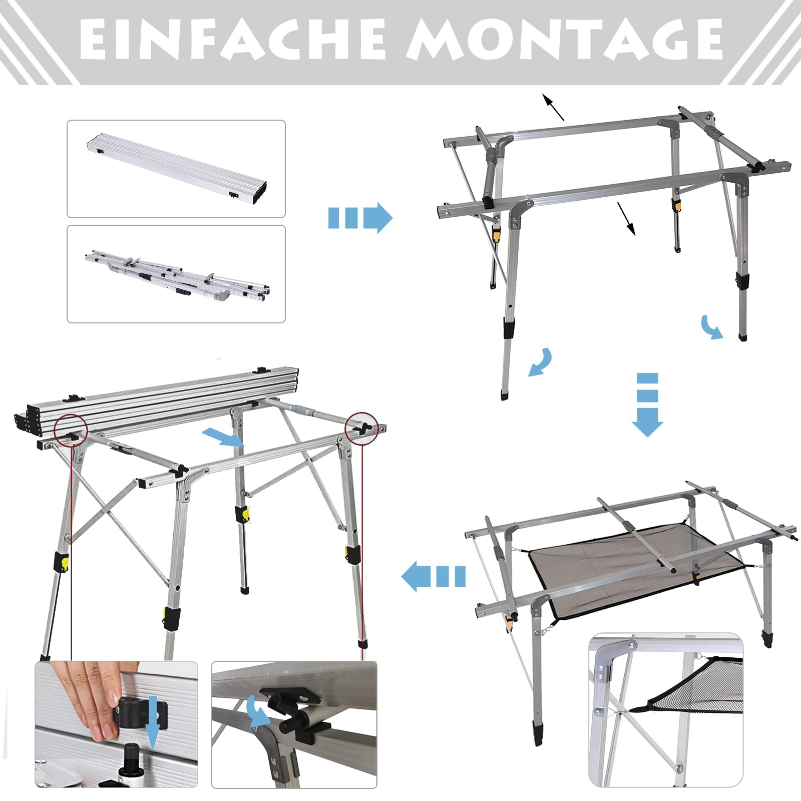 Outsunny Picknick Klapptisch, Falttisch, Höhenverstellbarer Campingtisch, Inkl. Tragetasche, Aluminium, Silber, 120 x 70 x 58-73 cm