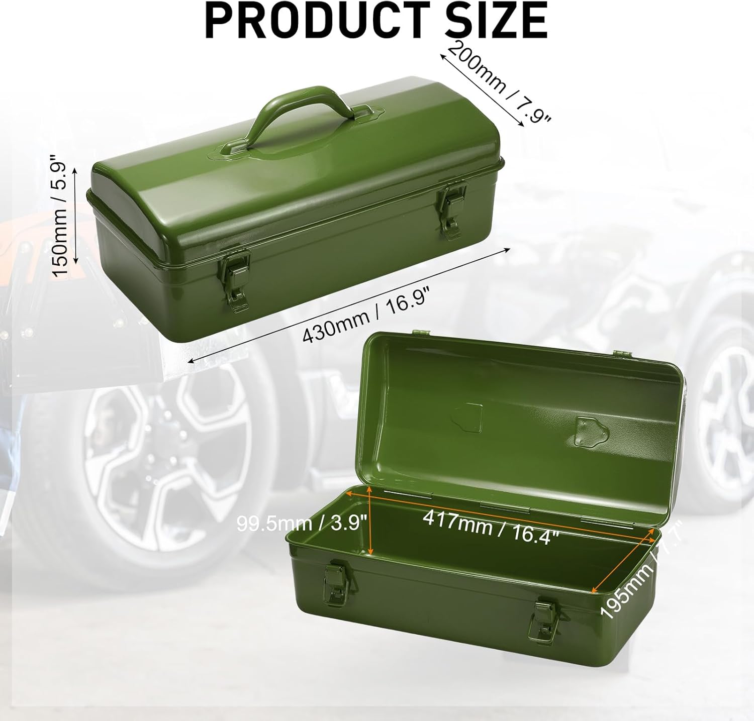 HARFINGTON Portable Steel Tool Box, 16.4" x 7.7" x 3.9" with Handle Double Metal Latch Trunk Tool Storage Box Metal Organizer Mountain Toolbox for Garage Warehouse Workshop Household, Green