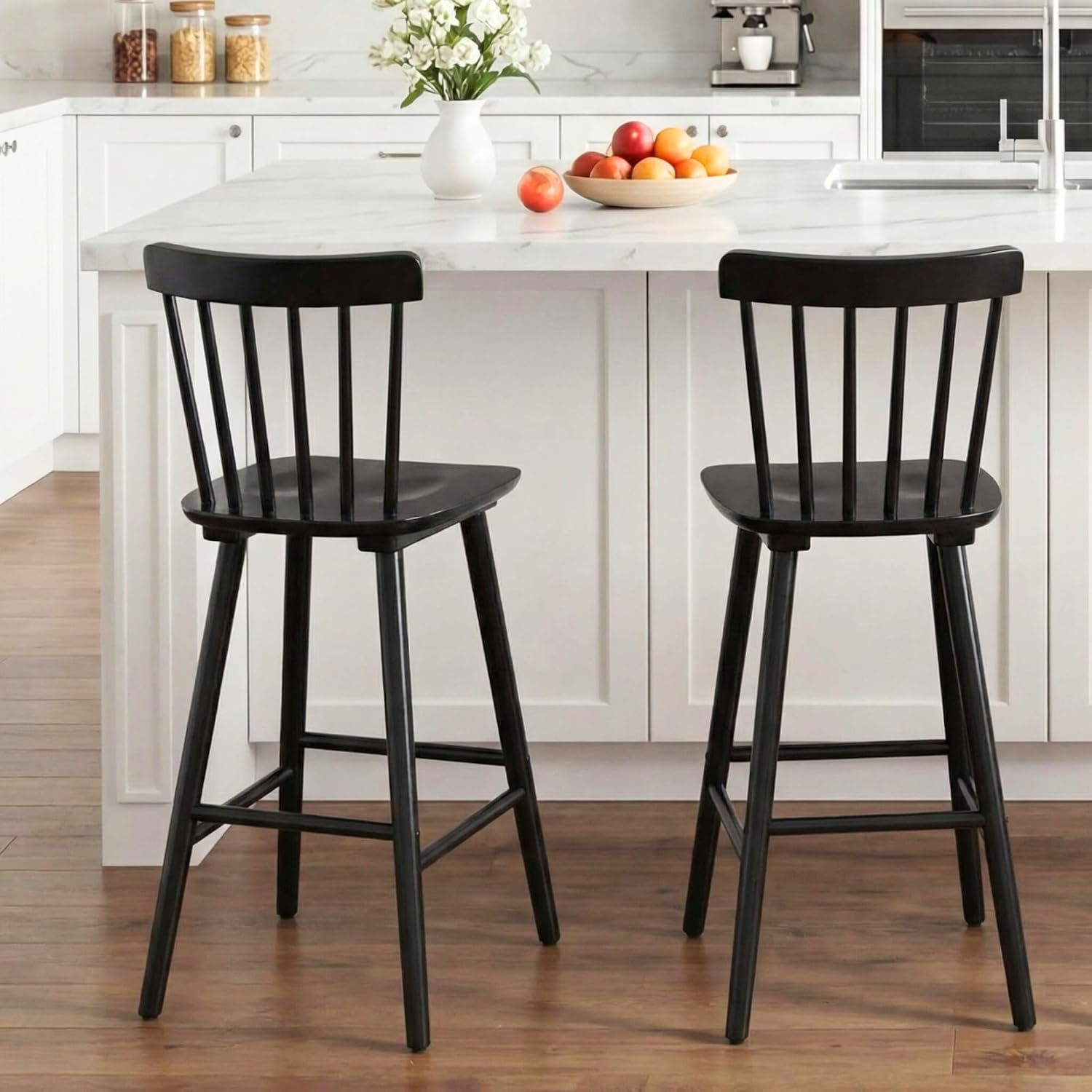 Windsor Bar Stools Set of 2, 26 Inch Counter Height Barstools Wooden Barstools with Spindle Back/Bigger Seat for Kitchen Island/Breakfast Bar/Home Pub, Black