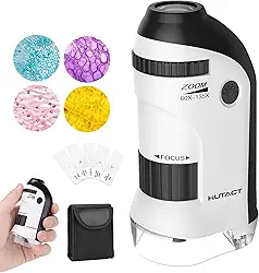 HUTACT Microscópio de bolso para crianças, mini microscópio portátil 60X-135X com 5 lâminas de microscópio, microscópio portátil para crianças e estudantes