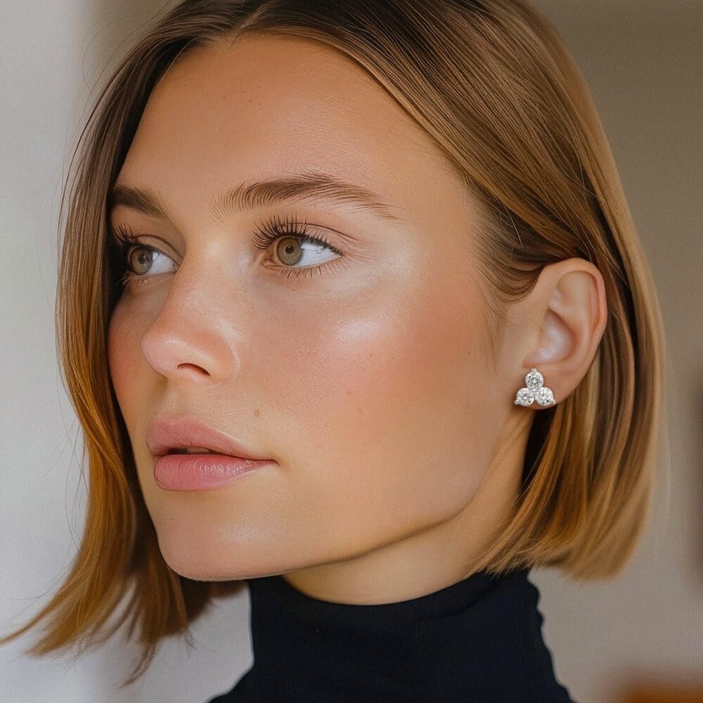 IceCarats 14K Solid White Gold 0.75 carat Lab Diamond Extra Large Three Stone Cluster Stud Earrings 14mm 0.6 inch Round Cut, Prong Set, Friction Back For Her