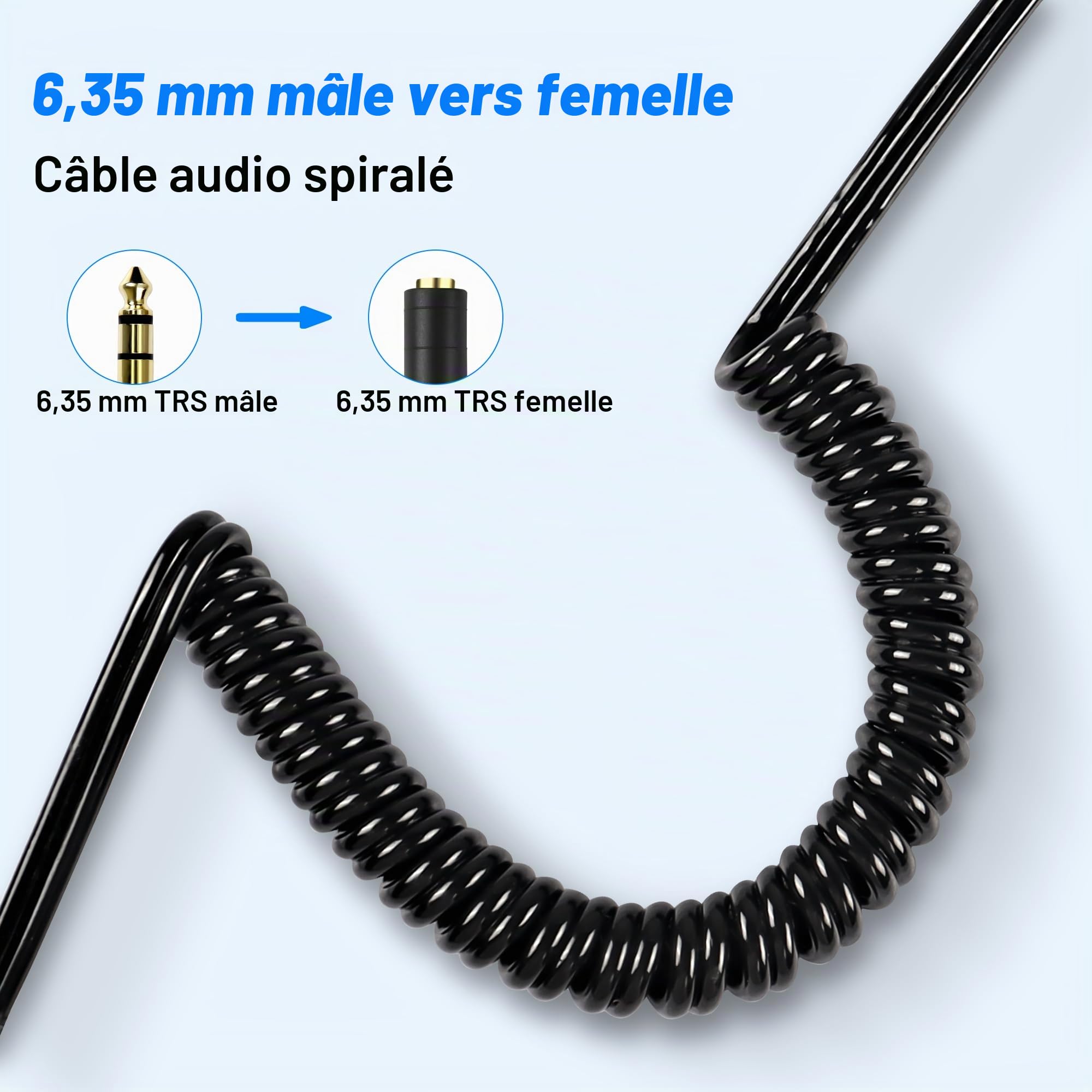 MEIRIYFA 6,35 mm 1/4 "câble audio, 6,35 mm trs mâle femelle audio stéréo instrument rallonge câble en spirale pour amplificateur, Haut - parleur, guitare, microphone, clavier