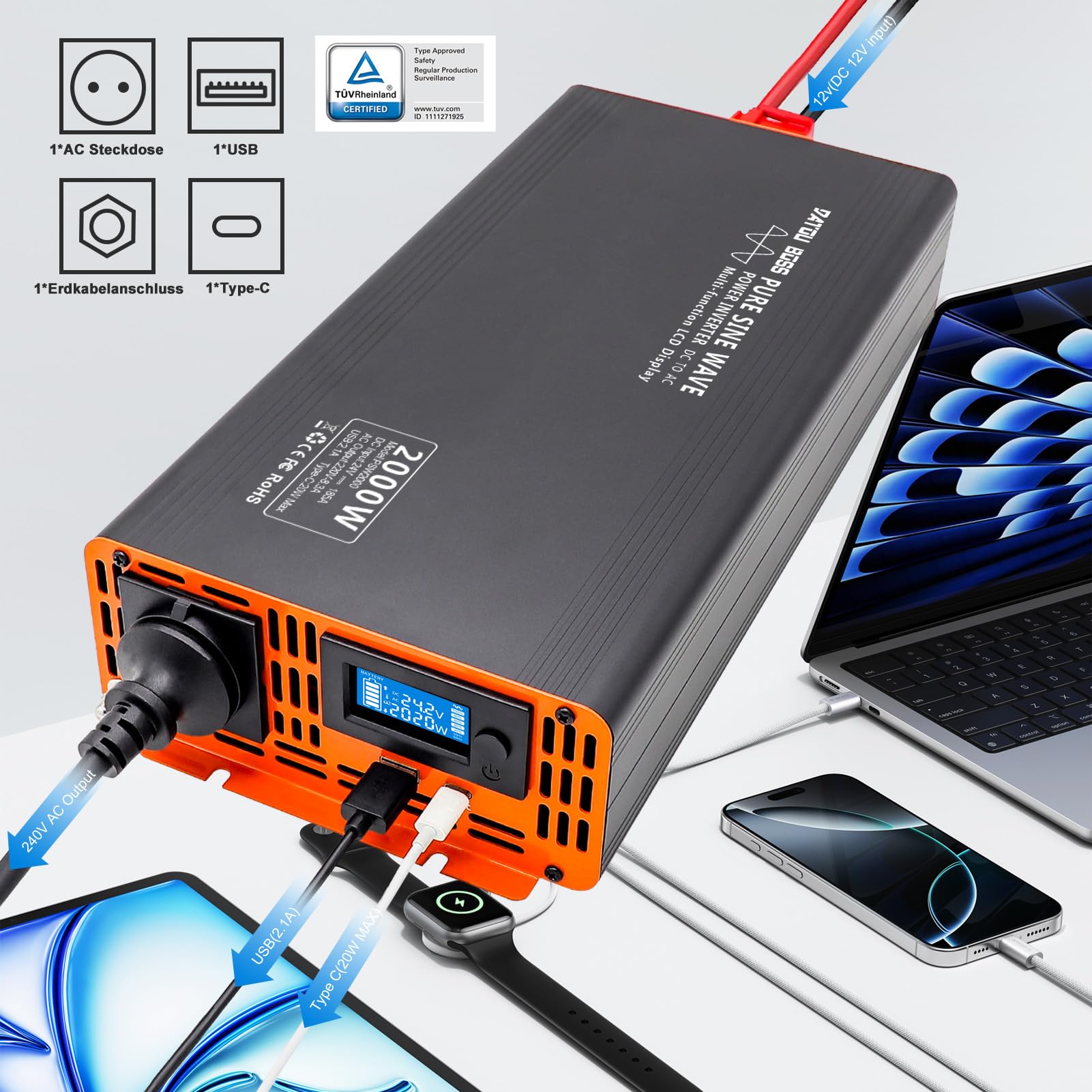 DATOUBOSS Wechselrichter 24V DC auf 230V AC Reiner Sinus 2000W/4000W, Spannungswandler 24V 230V LCD-Display und 1x USB + 1x Type-c Spannungswandler Reiner Sinus Inverter Pure Sine Wave