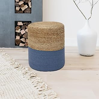 THE HOME TALK Ottoman Pouf | Hand-Braided |100% Jute | Large Funiture Pouf | Footrest, Bean Bag, Floor Chair | Great for The Living Room, Bedroom & Kid?s Room | 14 x 14 x 16 Inch | Natural Blue