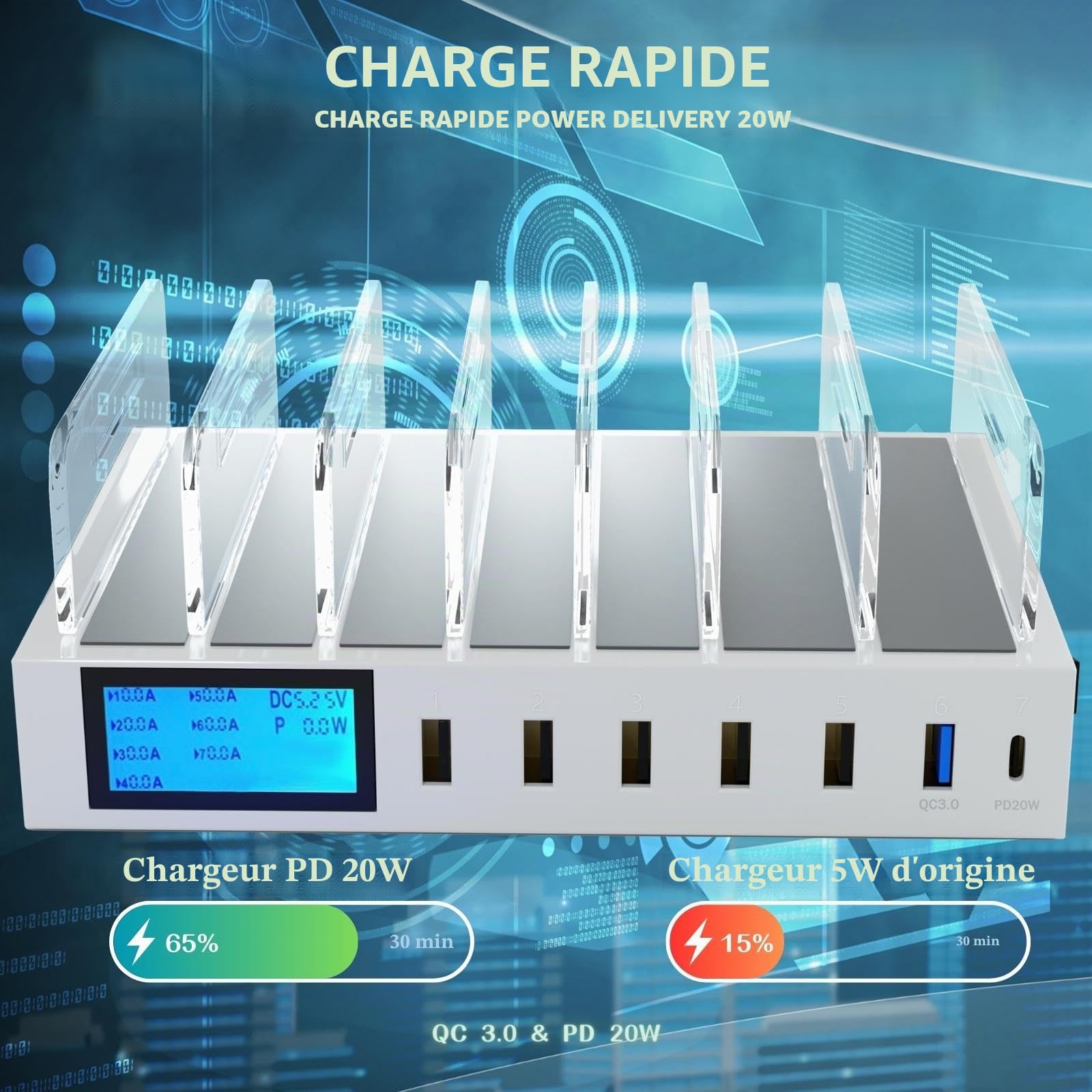 Station de charge rapide PD20W QC3.0 multi-ports USB, station de charge 7 en 1 pour plusieurs appareils avec écran LCD compatible avec iPhone, iPad, Samsung, Huawei et plus encore