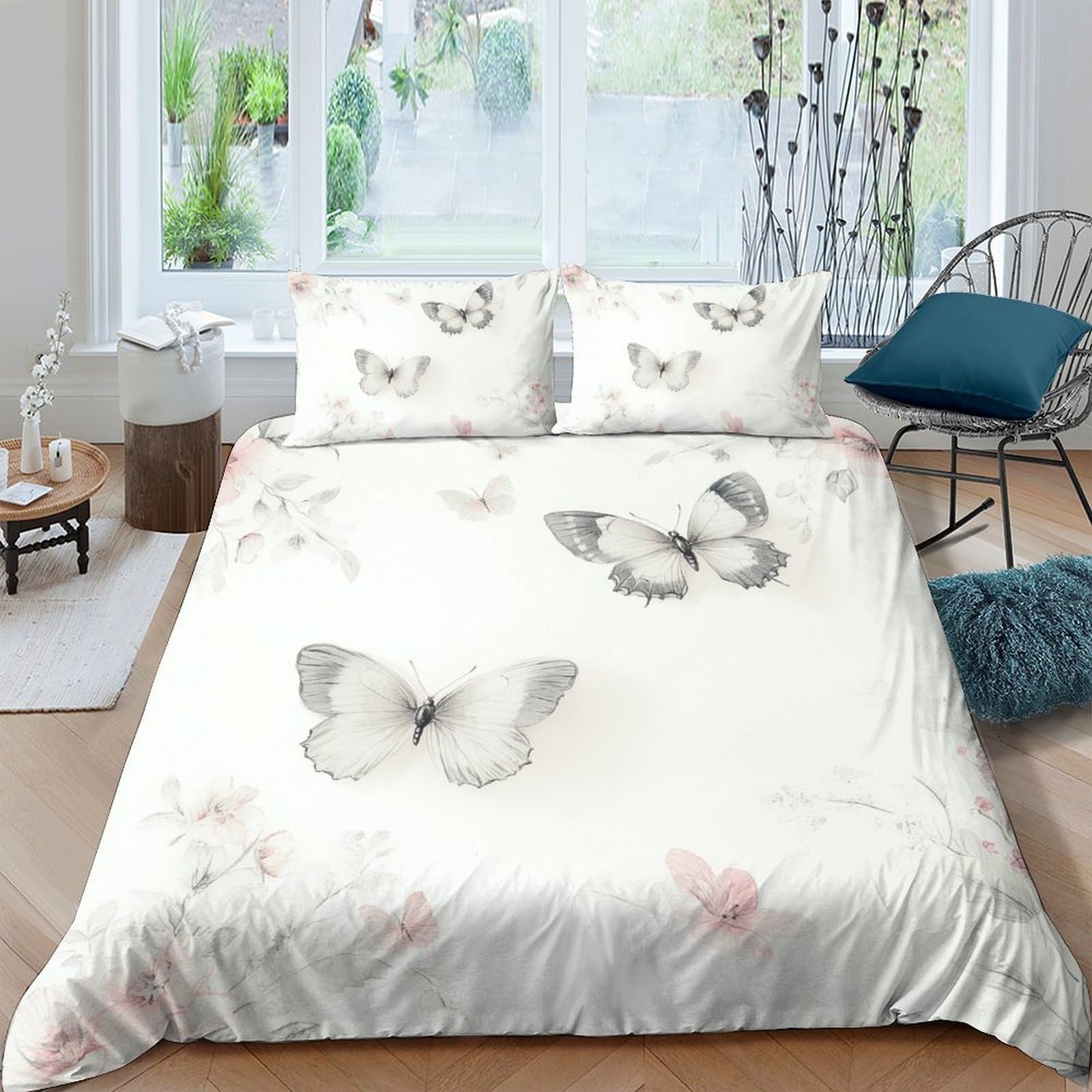 GPLZQXKJNH 3D Printed Butterfly Floral Duvet Cover Microfiber Soft Breathable Bedding Set with 2 Pillowcases for Bedroom Decor Single（135x200cm）