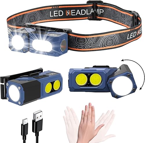 Linterna frontal con sensor de movimiento con linterna de enfoque giratoria, 7 modos de luz COB de 1000 lúmenes, verdadero tiempo de funcionamiento