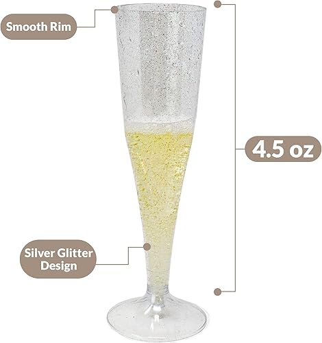 Miniatura 3 de Reli. Copas de champán de plástico | Paquete de 100 | 4.5 onzas – Purpurina plateada | Copas de champán de plástico premium | Fiesta perfecta para