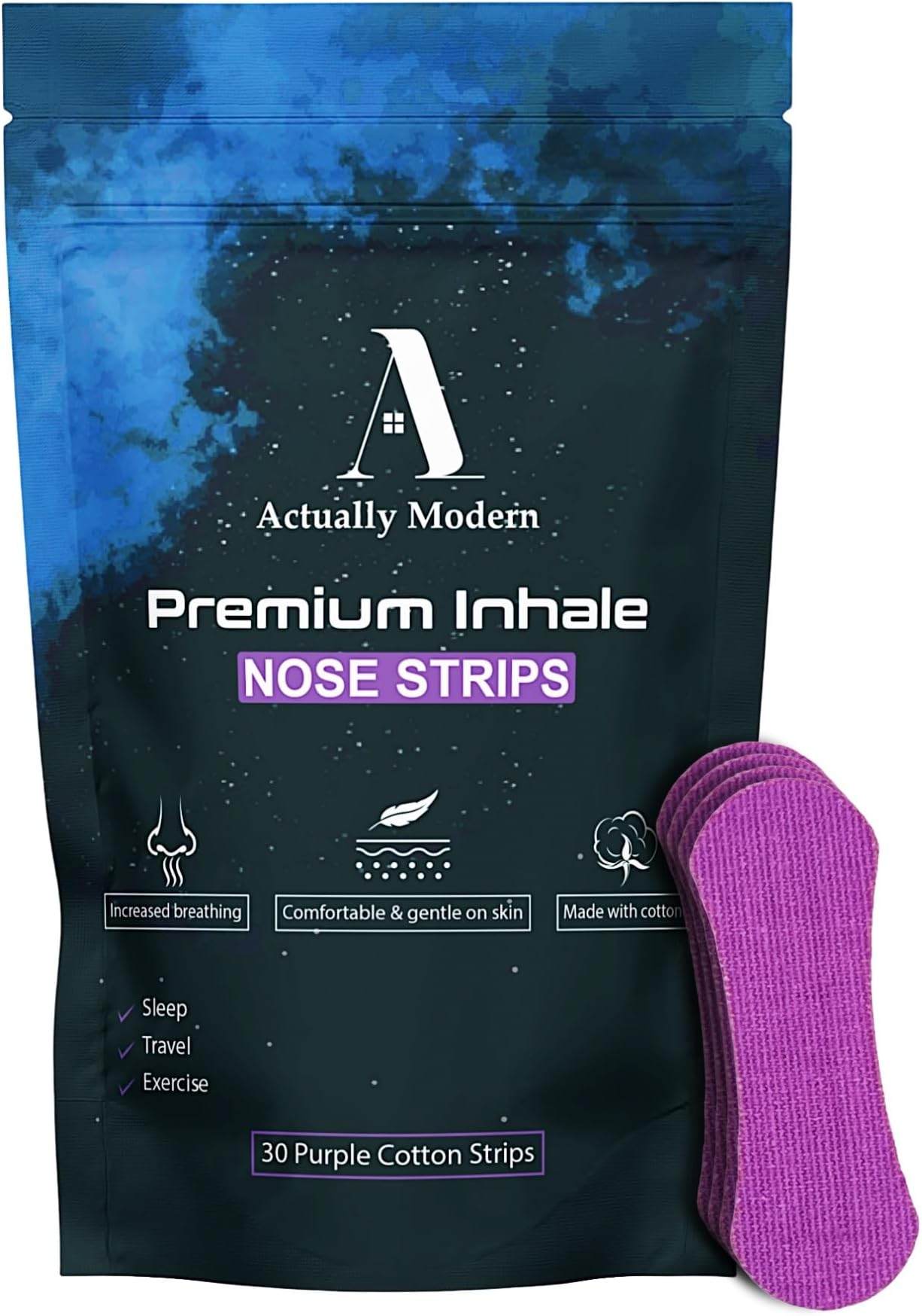 Inhale Nasal Strips for Sleeping - Nose Tapes for Breathing - Anti Snoring Solution & Nasal Congestion Relief Nasal Tape - Universal Fit, Extra Strength for Sensitive Skin (Purple)