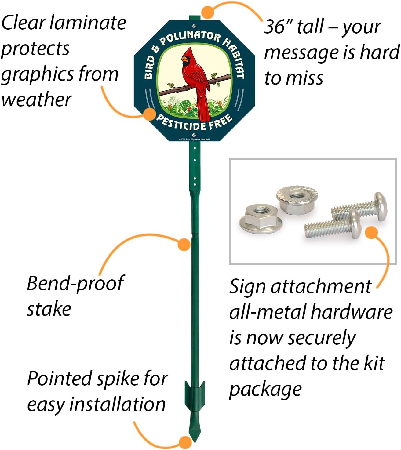 SmartSign 10 x 10 inch Bird & Pollinator Habitat, Pesticide Free Yard Sign & Stake Kit, 40 mil Laminated Rustproof Aluminum, 3 foot Stake, Set of 1, For Lawn, Garden
