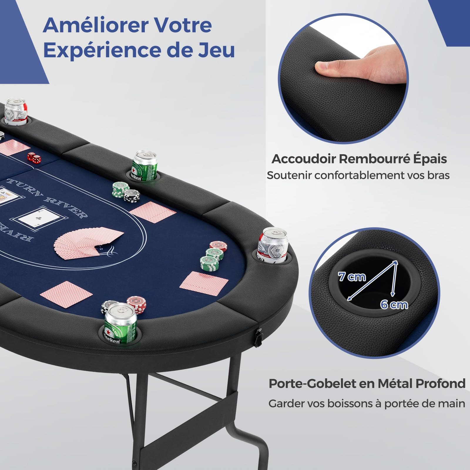 DREAMADE Table de Poker Pliable pour 8 Joueurs, Table de Poker Texas Hold’em Pliante avec Rebord Rembourré, Porte-gobelets en Métal, Surface en Feutre de Qualité Casino (Bleu)