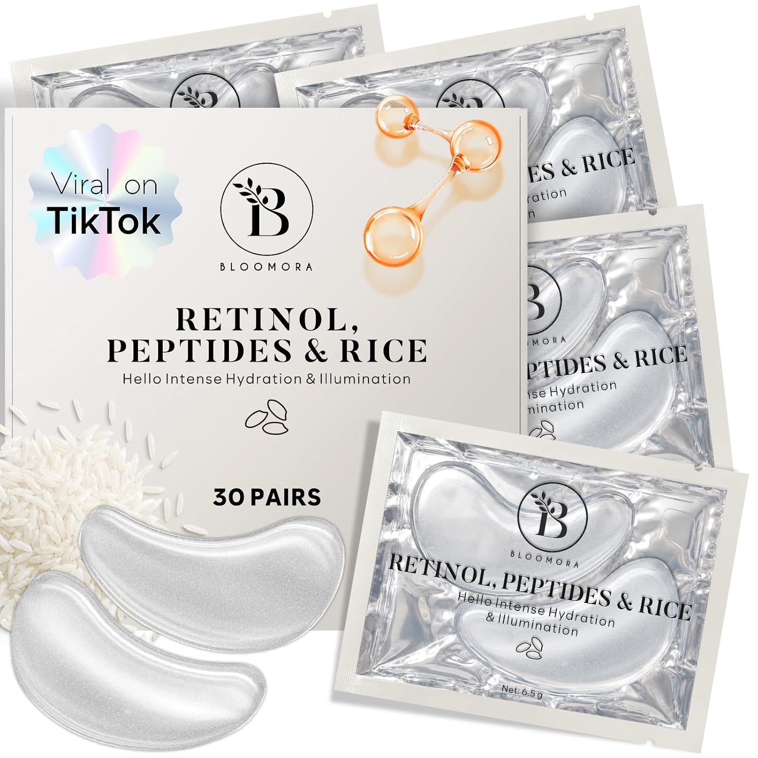 BLOOMORA EYE PATCHES with retinol, peptides, and rice extract for dark circles and puffiness