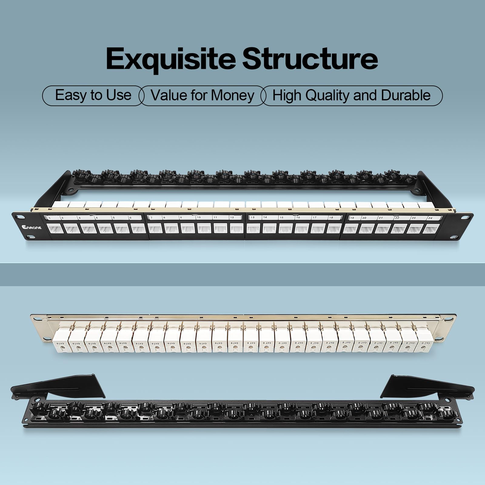 Panneau de brassage 24 ports Cat6 Keystone Jack coudé à 90° Ethernet Punch Down pour rack 1U 19" panneau de brassage réseau avec barre de support de câble