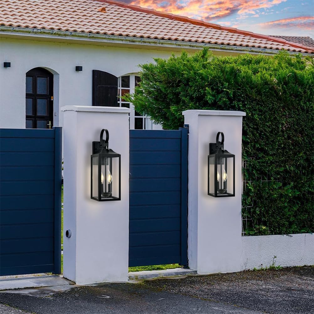 19" Dusk to Dawn Black Outdoor Wall Lantern, Waterproof Industrial Exterior Sconce Fixtures with Glass Shade, ﻿E12 Modern Sensor Outside Wall Mount Lighting for Porch Patio Farmhouse