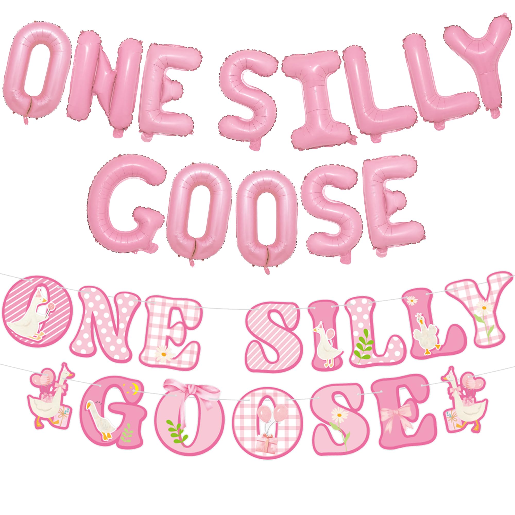 one silly goose birthday decor - pink goose banner balloons party decorations for boys, funny geese supplies for baby showers and 1st birthday theme party