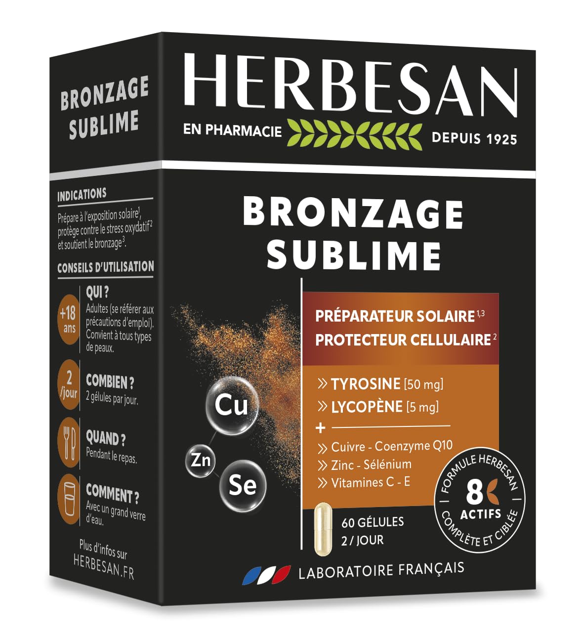 HERBESAN - BRONZAGE SUBLIME - Préparateur solaire et Protecteur cellulaire - 8 actifs à l'action ciblée et complète dont Lycopène, Cuivre, Coenzyme Q10 - Anti-​âge et Antioxydant - 60 gélules